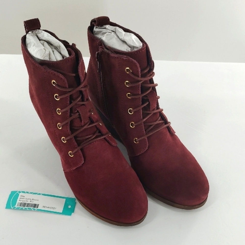 Diba Blake Burgundy Suede Wedge Booties Wpmen's Lace Up Side Zip NWT